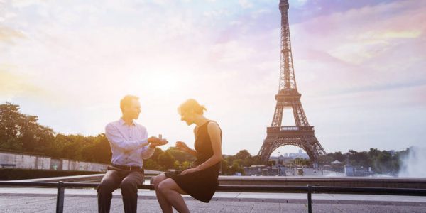 marry me, proposal at Eiffel Tower in Paris, beautiful silhouettes of young caucasian couple