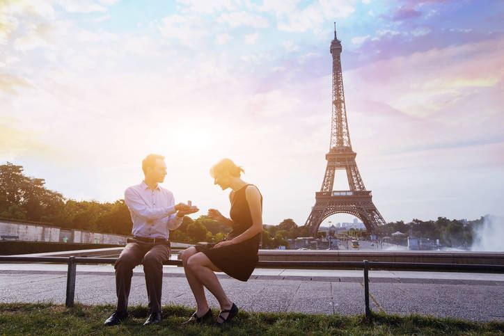 marry me, proposal at Eiffel Tower in Paris, beautiful silhouettes of young caucasian couple